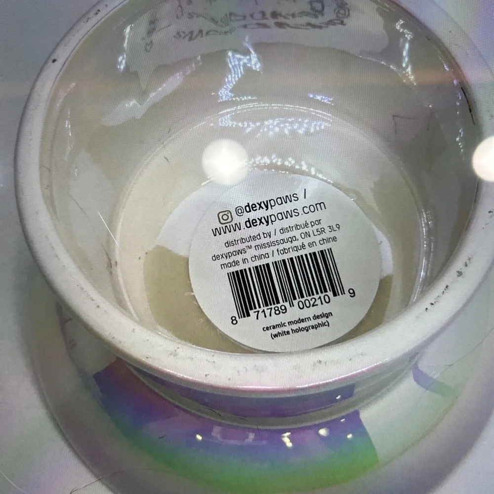 Pet Bowl dexypaws Ceramic elevated bowl 6.7oz White Holographic New